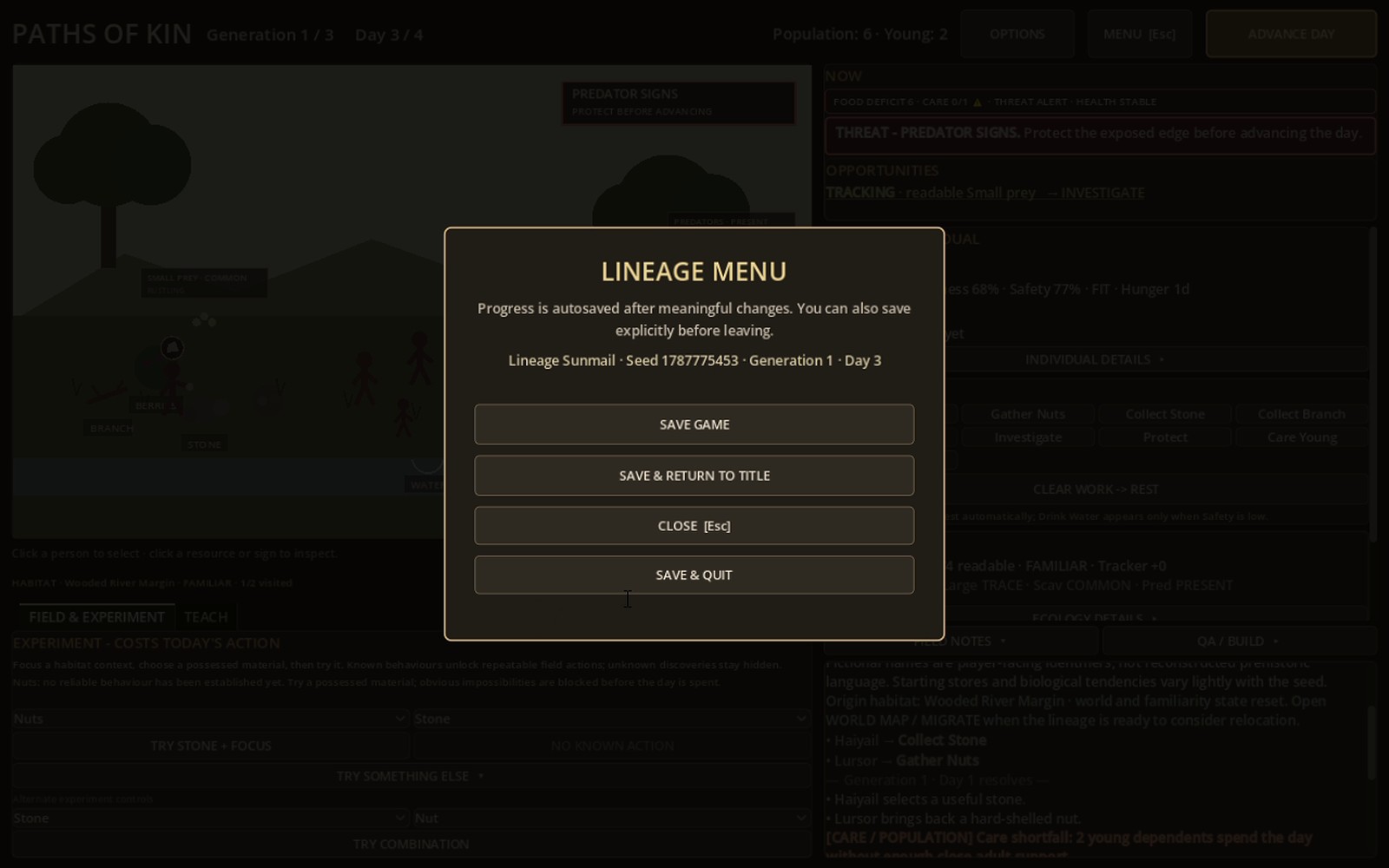 Paths of Kin Lineage Menu showing the current lineage summary and save options.