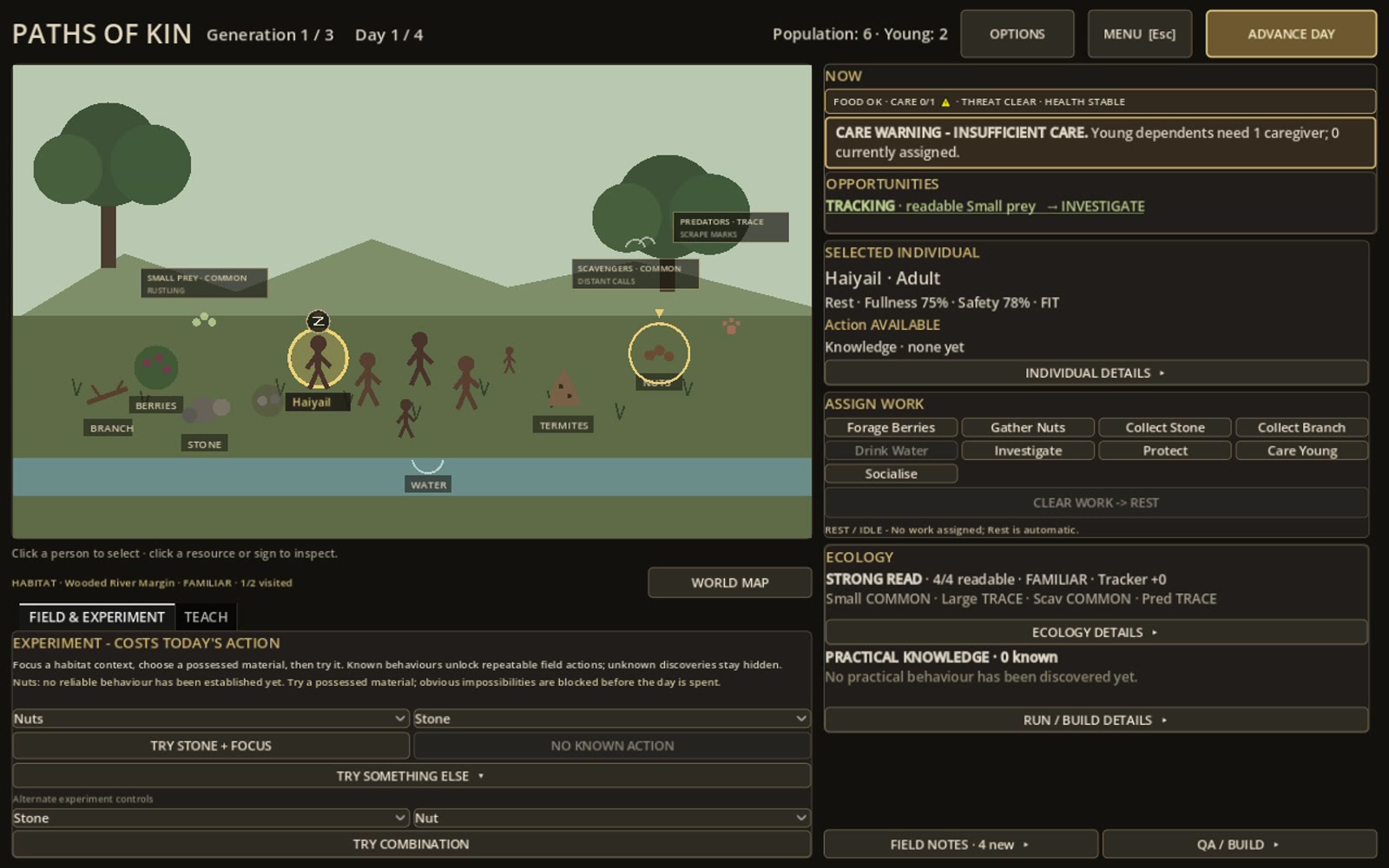 Paths of Kin main gameplay screen showing the lineage, habitat, daily work assignments and ecology information.