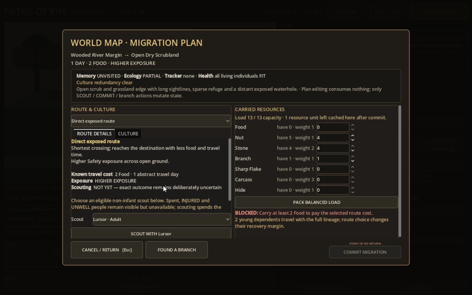 Paths of Kin World Map migration planning screen showing route, destination and carried resources.